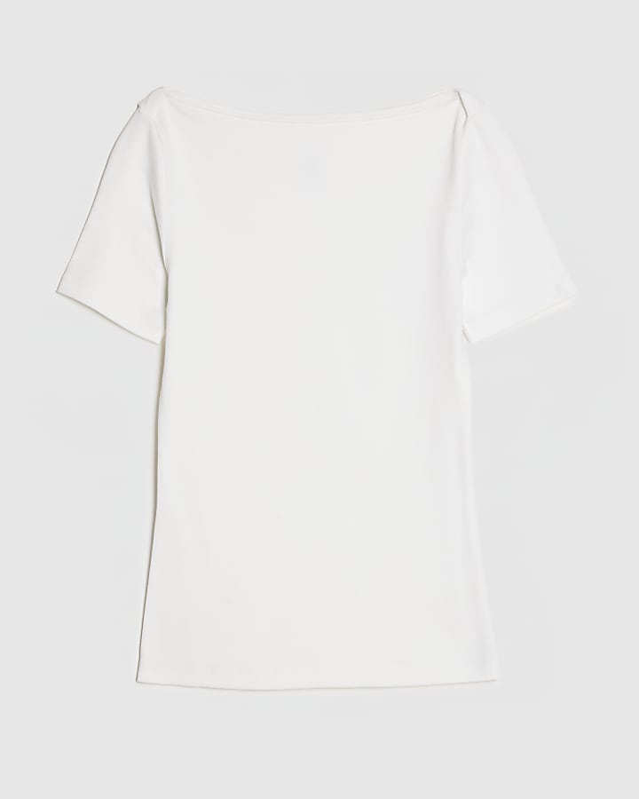White Short Sleeve Cotton Boat Neck Top