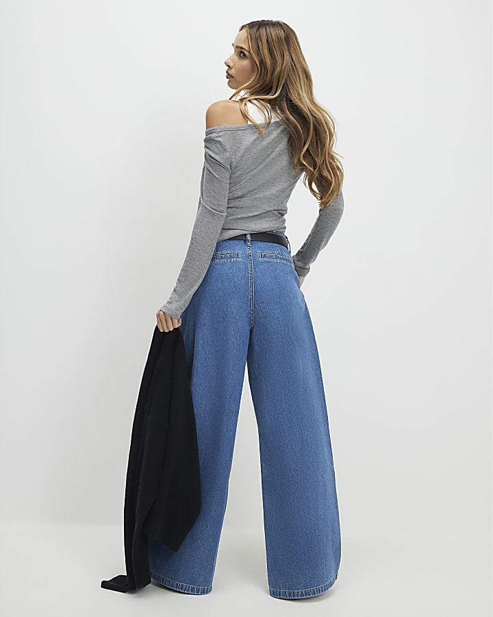 Blue Belted Pleated Wide Leg Jeans