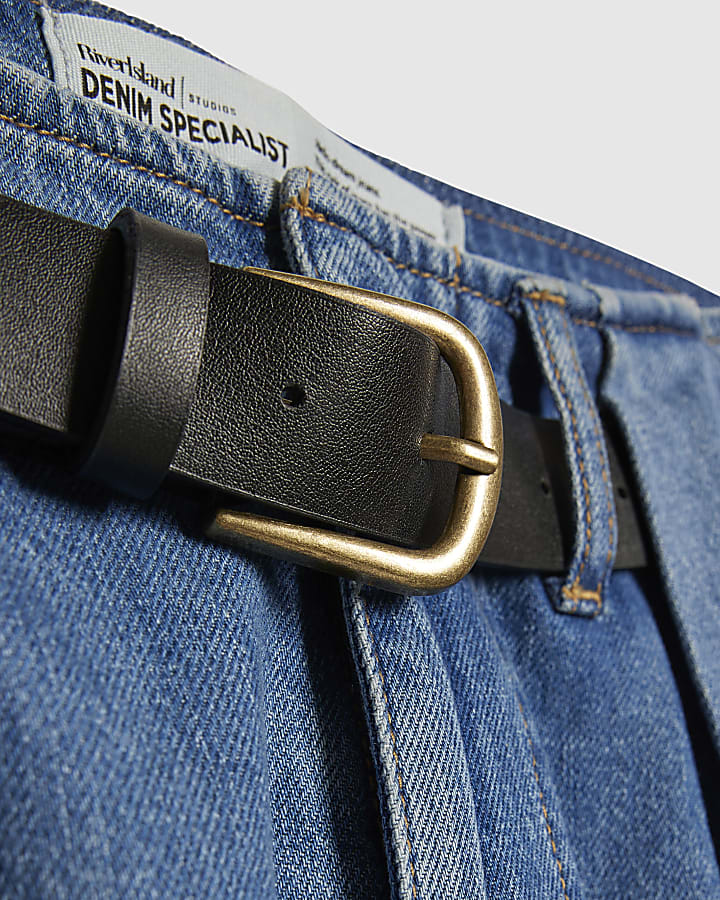 Blue Belted Pleated Wide Leg Jeans