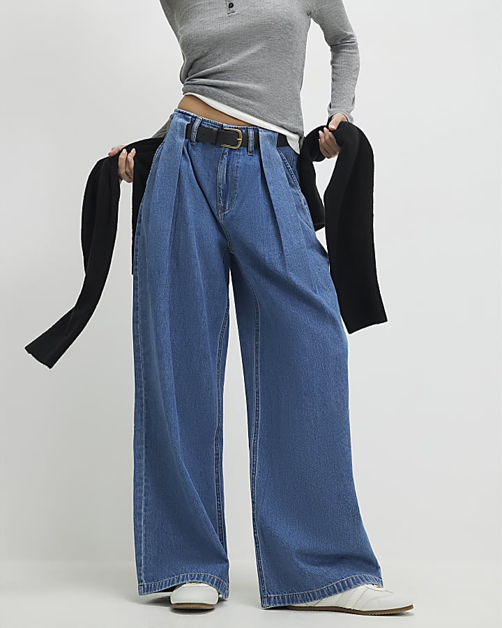 Blue Belted Pleated Wide Leg Jeans