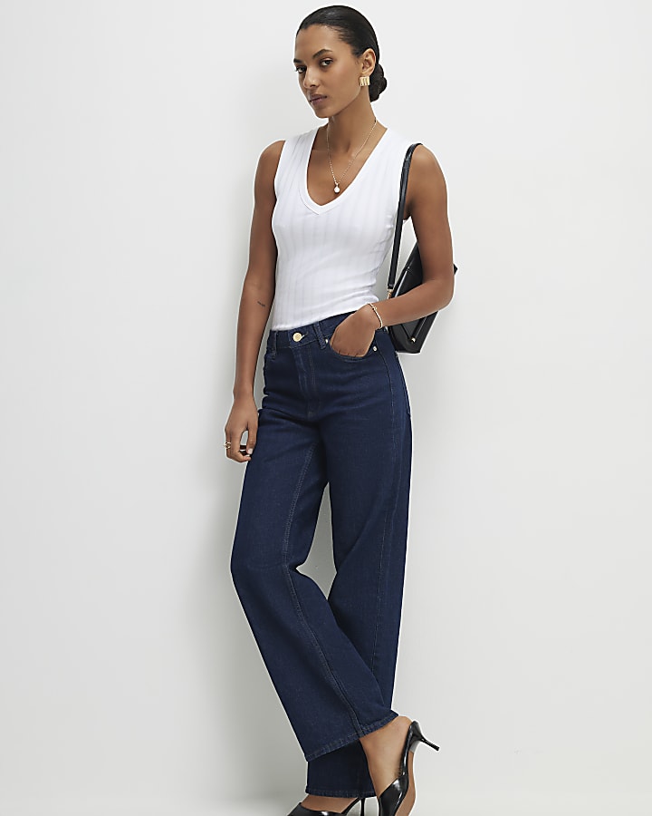 White Wide Ribbed V-Neck Tank Top