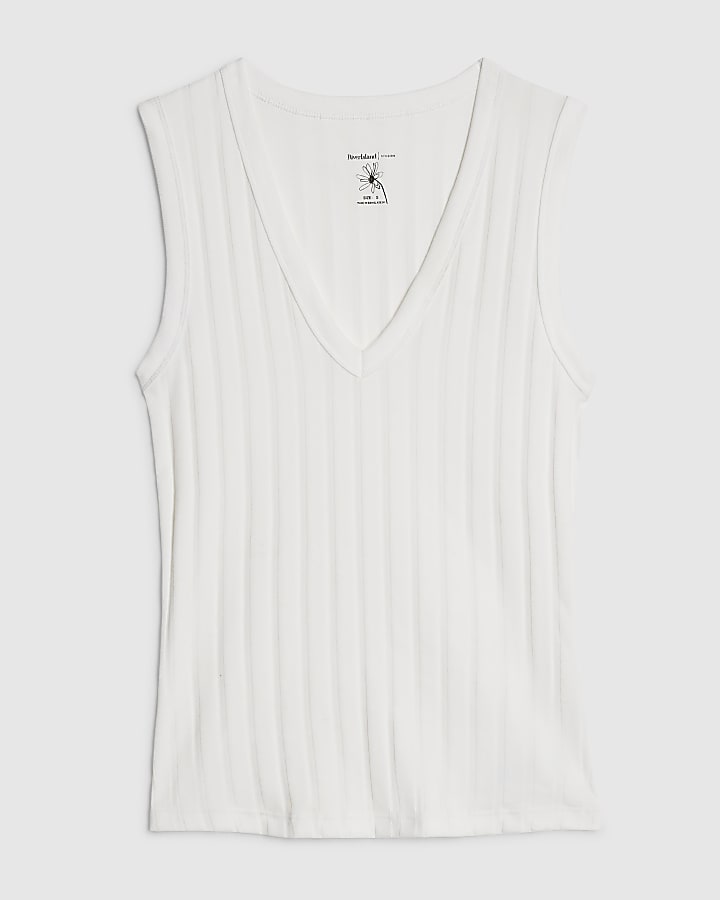 White Wide Ribbed V-Neck Tank Top