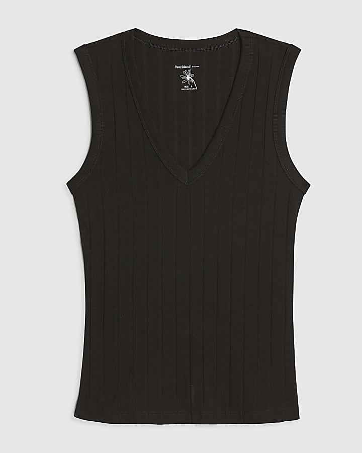 Black Sleeveless Wide Ribbed Tank Top