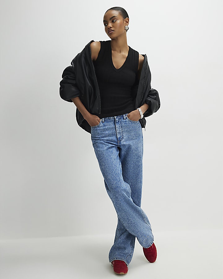 Black Sleeveless Wide Ribbed Tank Top