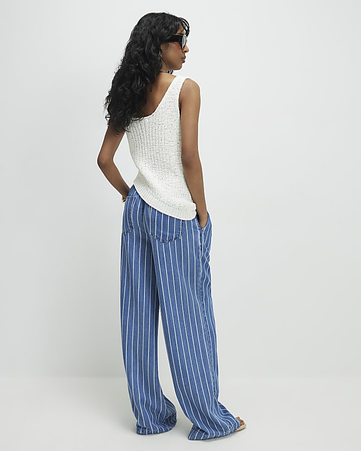 Blue Stripe Wide Leg Paperbag Jeans