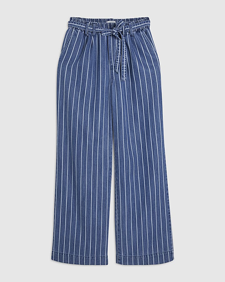 Blue Stripe Wide Leg Paperbag Jeans