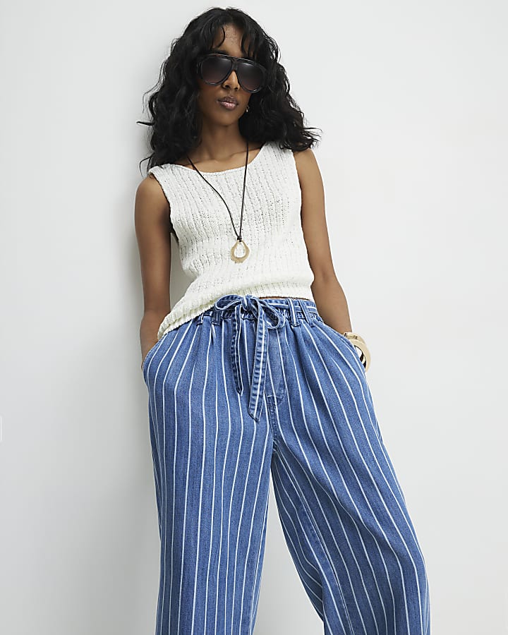 Blue Stripe Wide Leg Paperbag Jeans
