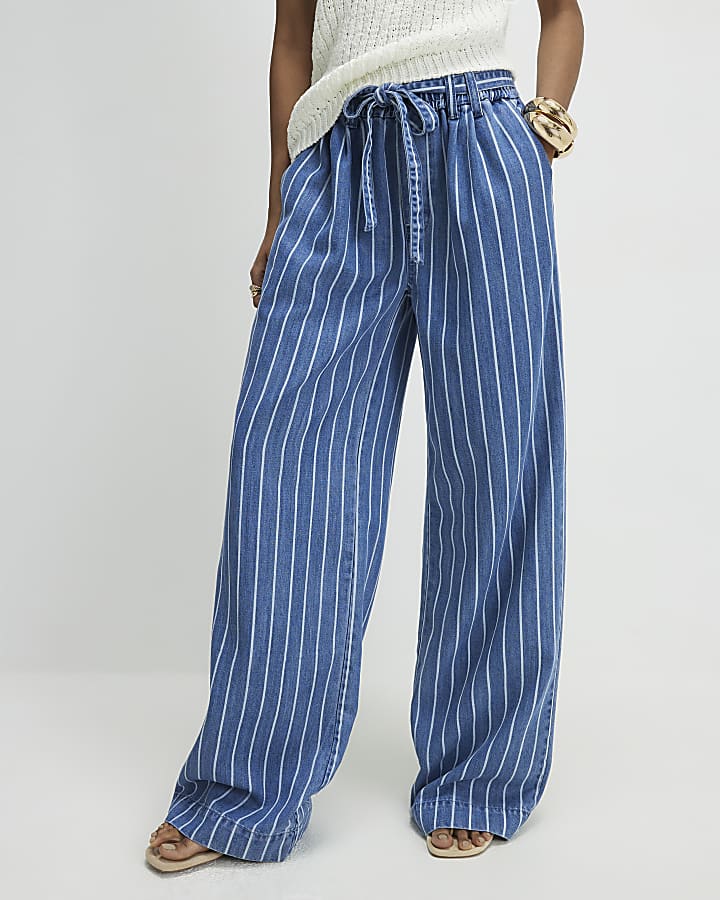 Blue Stripe Wide Leg Paperbag Jeans