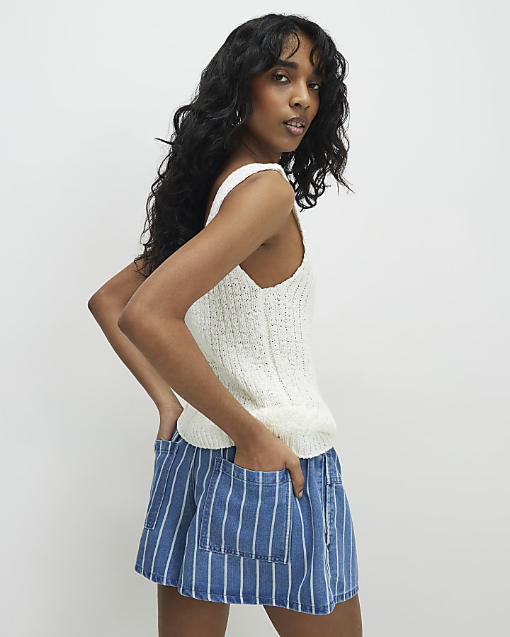 Blue Striped Denim Shorts