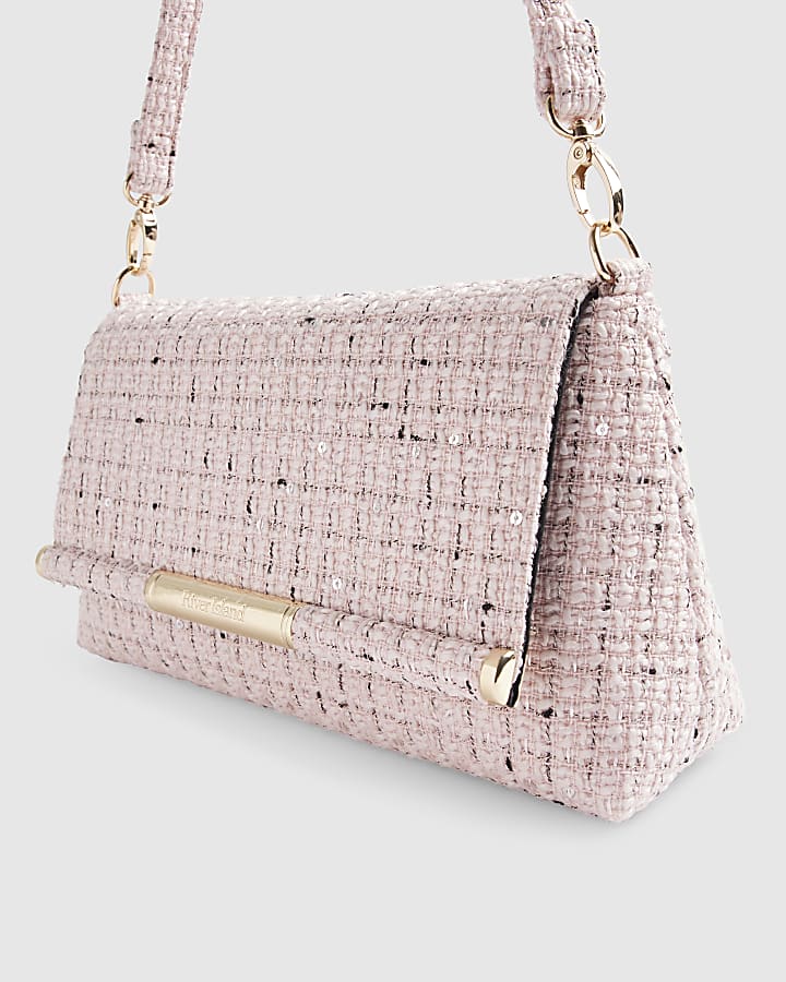 Pink Boucle Bar Front Clutch Bag