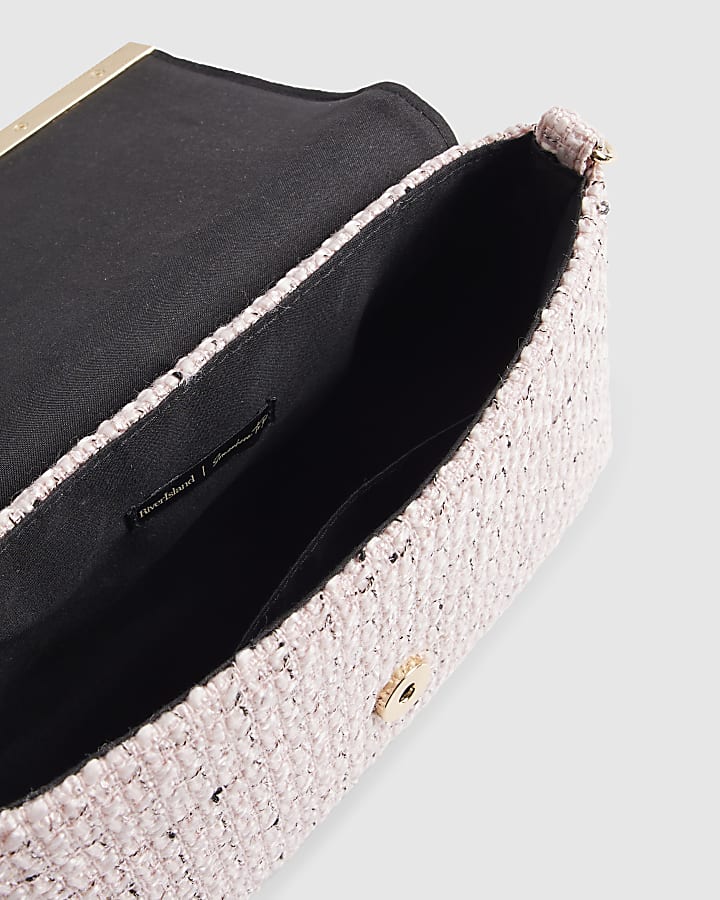 Pink Boucle Bar Front Clutch Bag