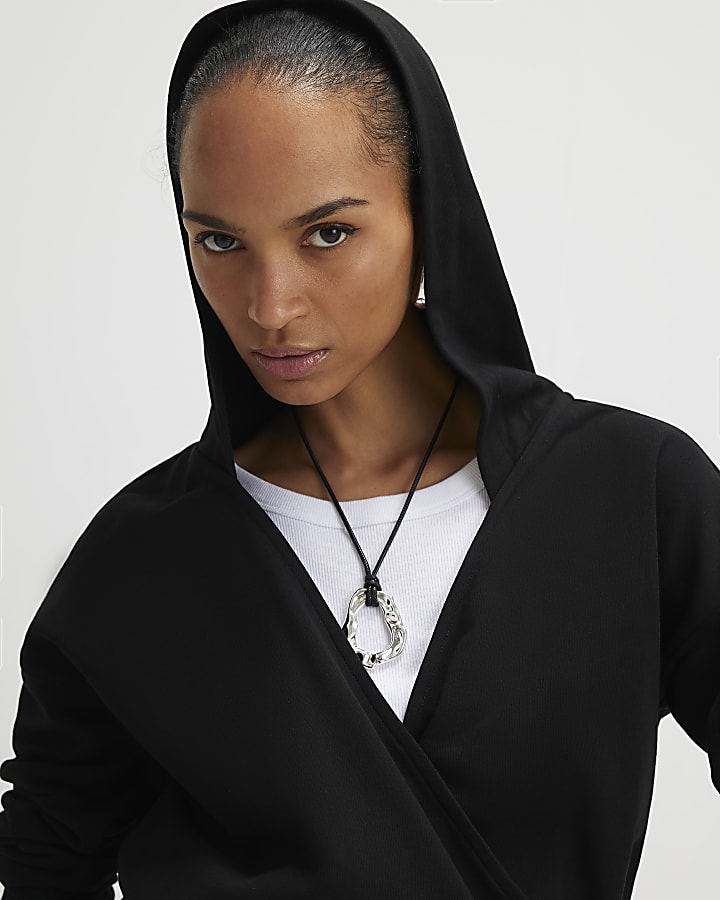 Black Long Sleeve Wrap Front Hoodie
