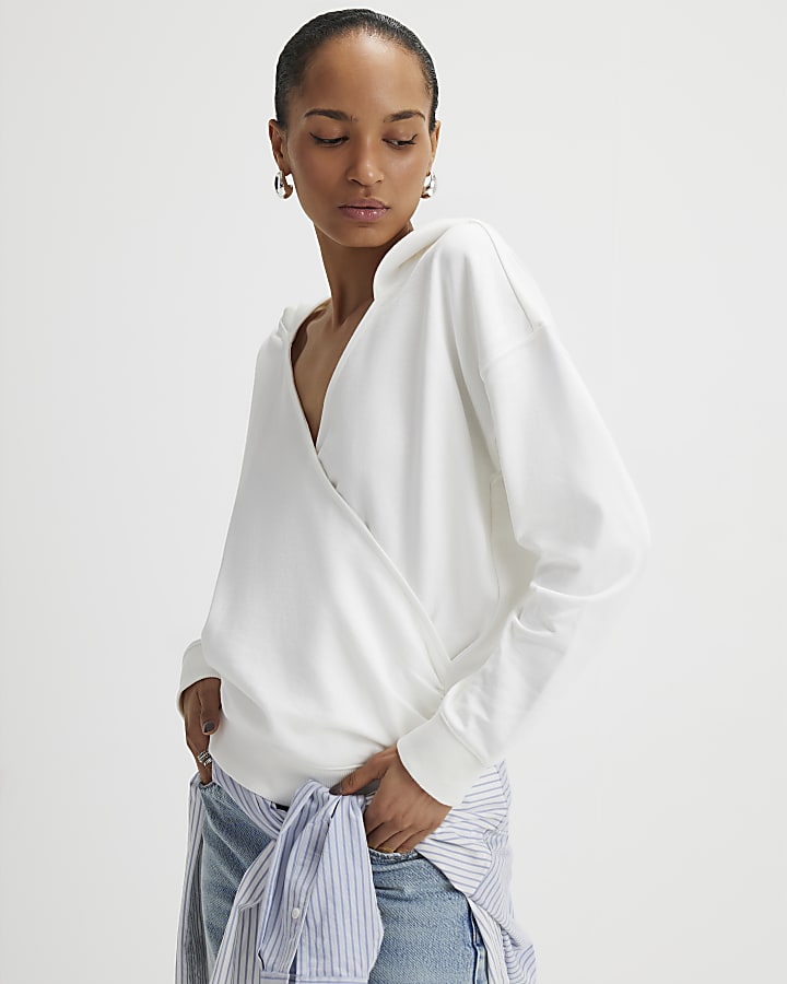 Cream Long Sleeve Wrap Front Hoodie