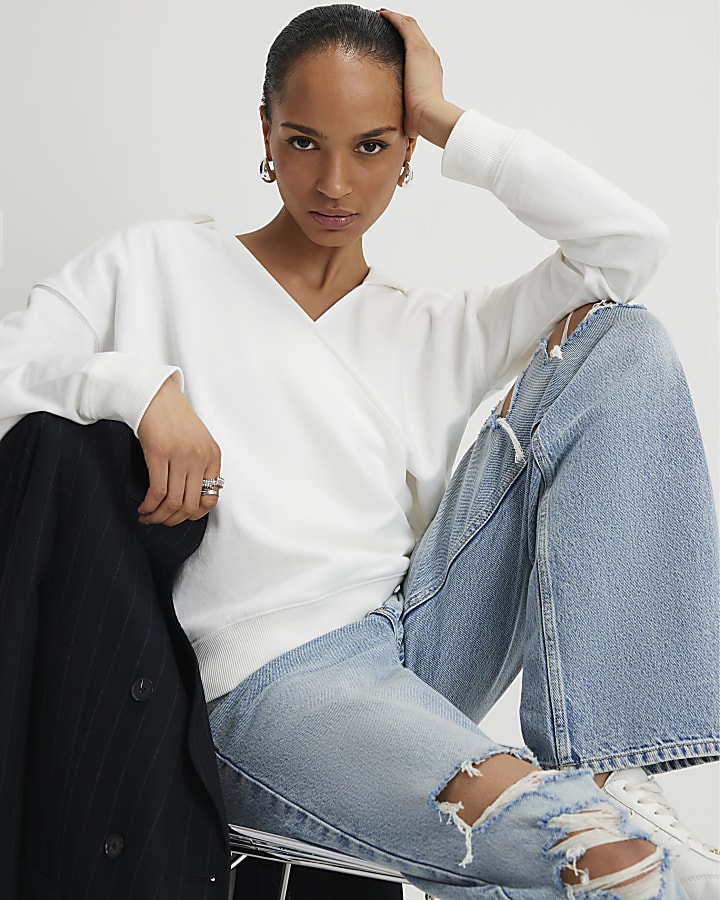 Cream Long Sleeve Wrap Front Hoodie