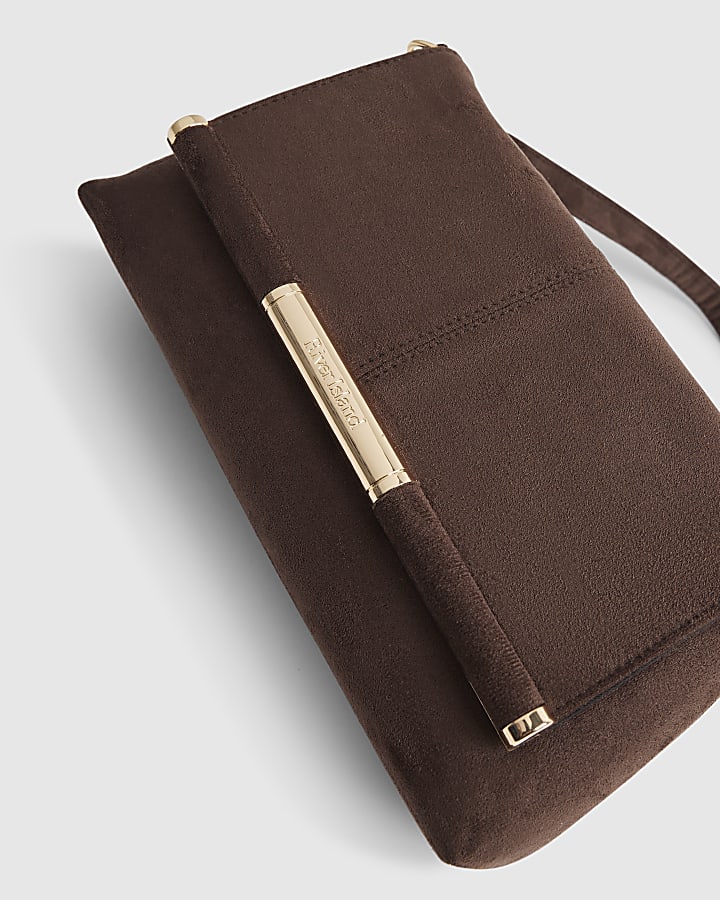 Brown Faux Suede Bar Front Clutch Bag