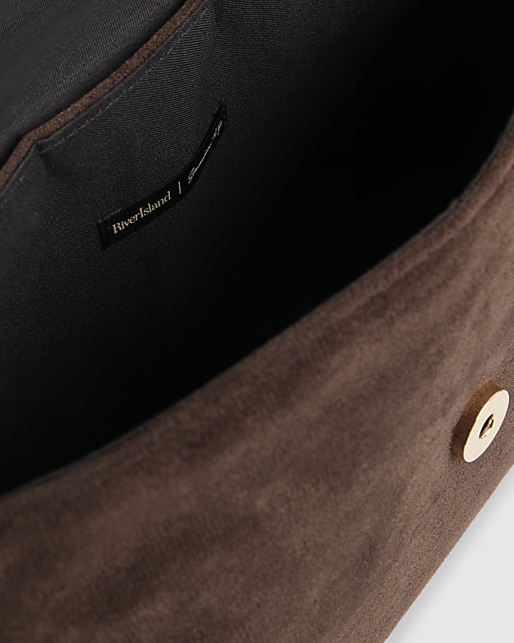 Brown Faux Suede Bar Front Clutch Bag
