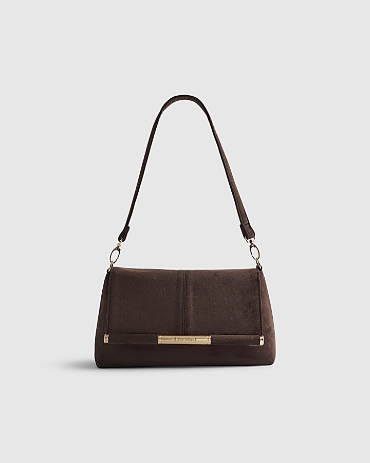 Brown Faux Suede Bar Front Clutch Bag