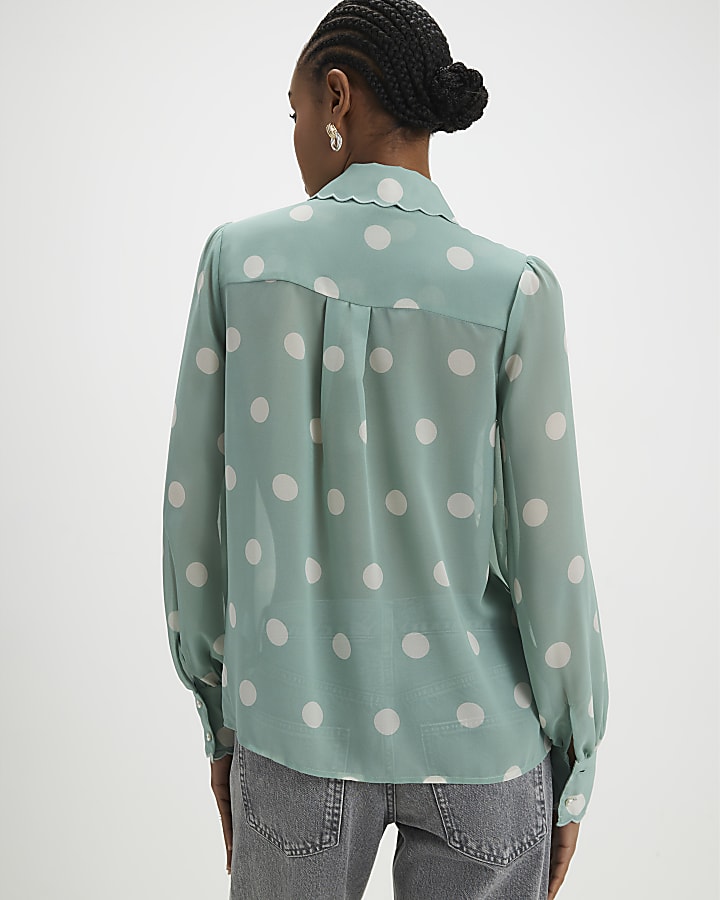 Blue Spot Print Scallop Trim Shirt