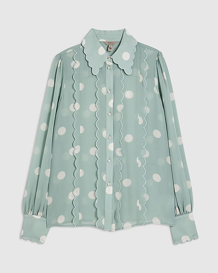 Blue Spot Print Scallop Trim Shirt