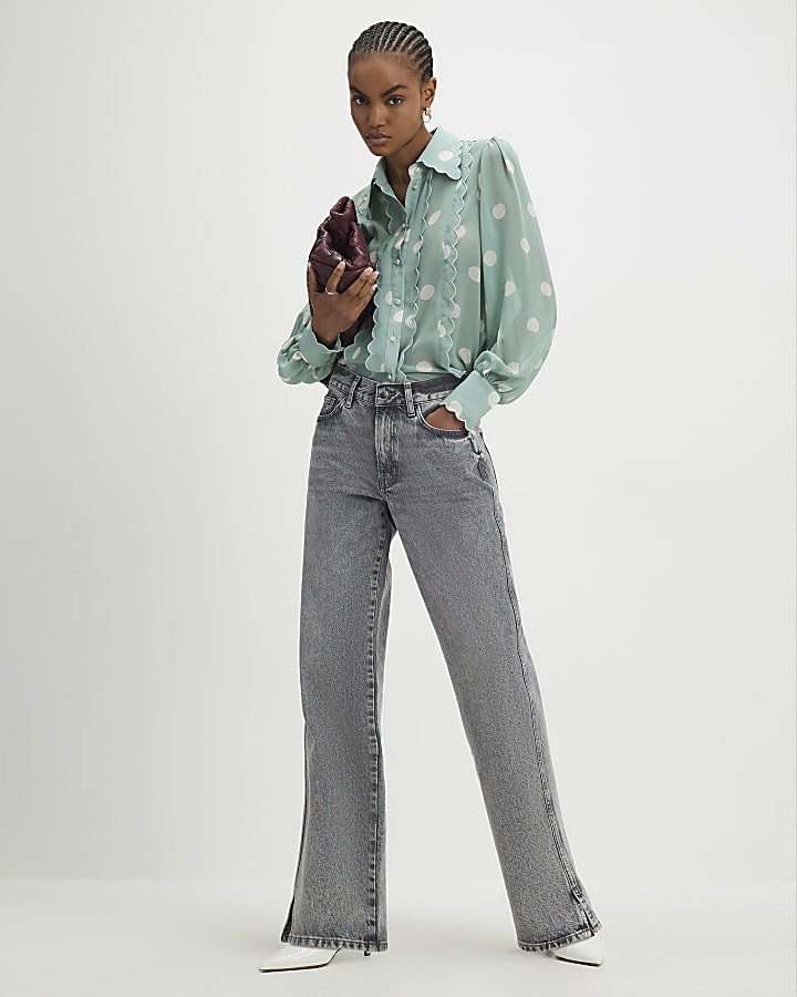 Blue Spot Print Scallop Trim Shirt