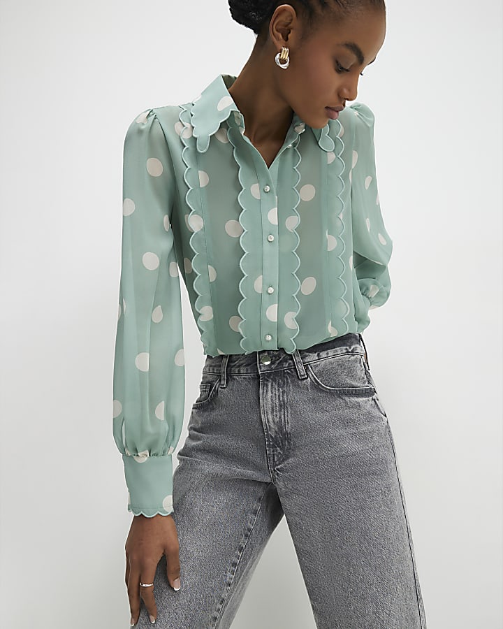 Blue Spot Print Scallop Trim Shirt