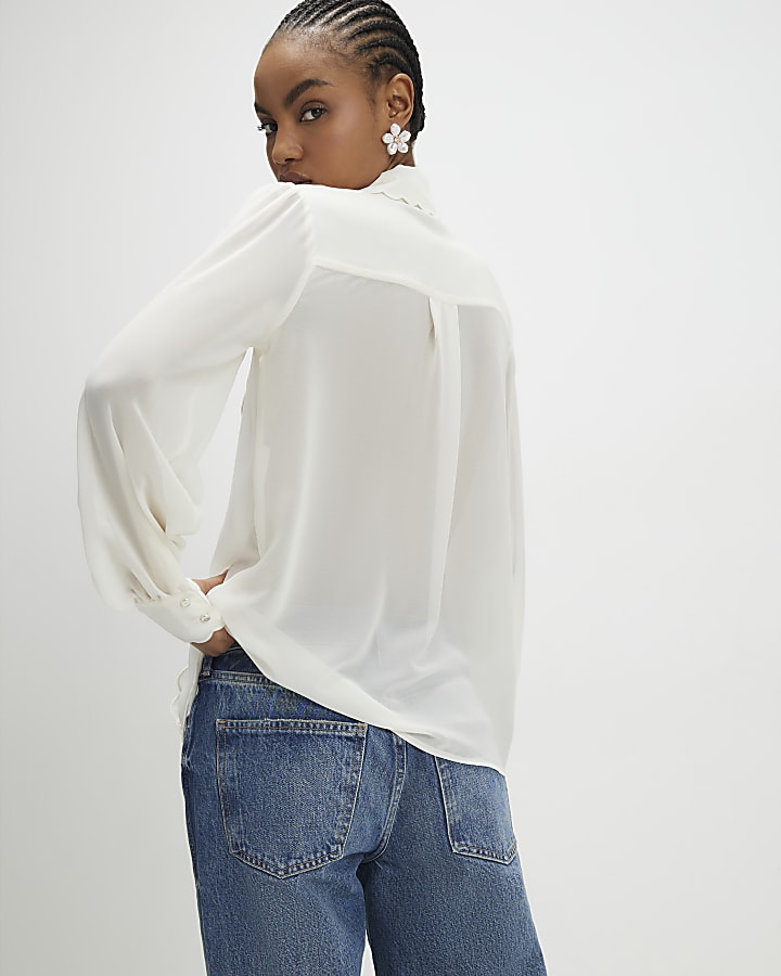 Cream Long Sleeve Scallop Trim Shirt