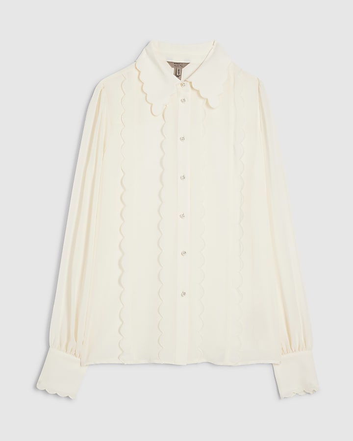 Cream Long Sleeve Scallop Trim Shirt