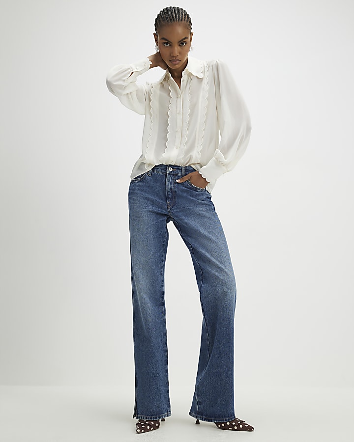 Cream Long Sleeve Scallop Trim Shirt