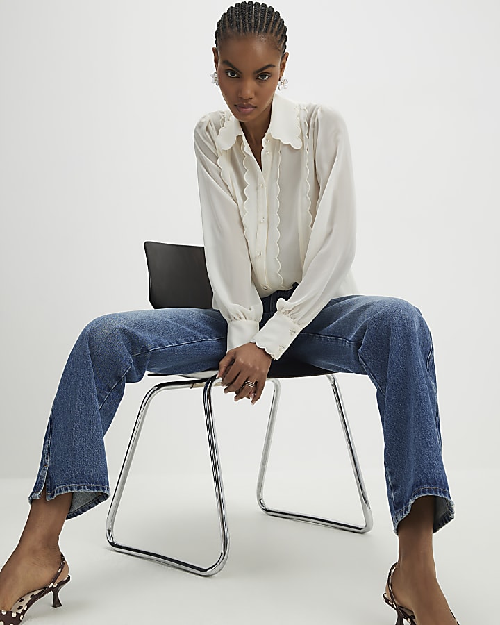 Cream Long Sleeve Scallop Trim Shirt