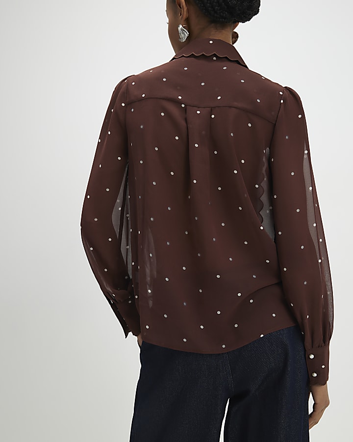 Brown Spot Print Scallop Trim Shirt