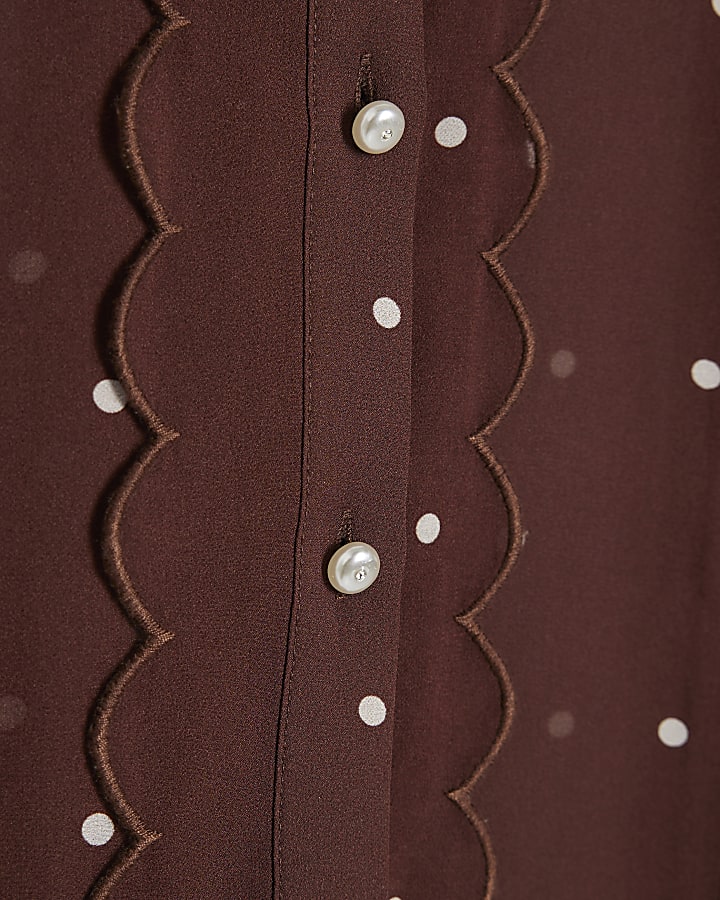 Brown Spot Print Scallop Trim Shirt