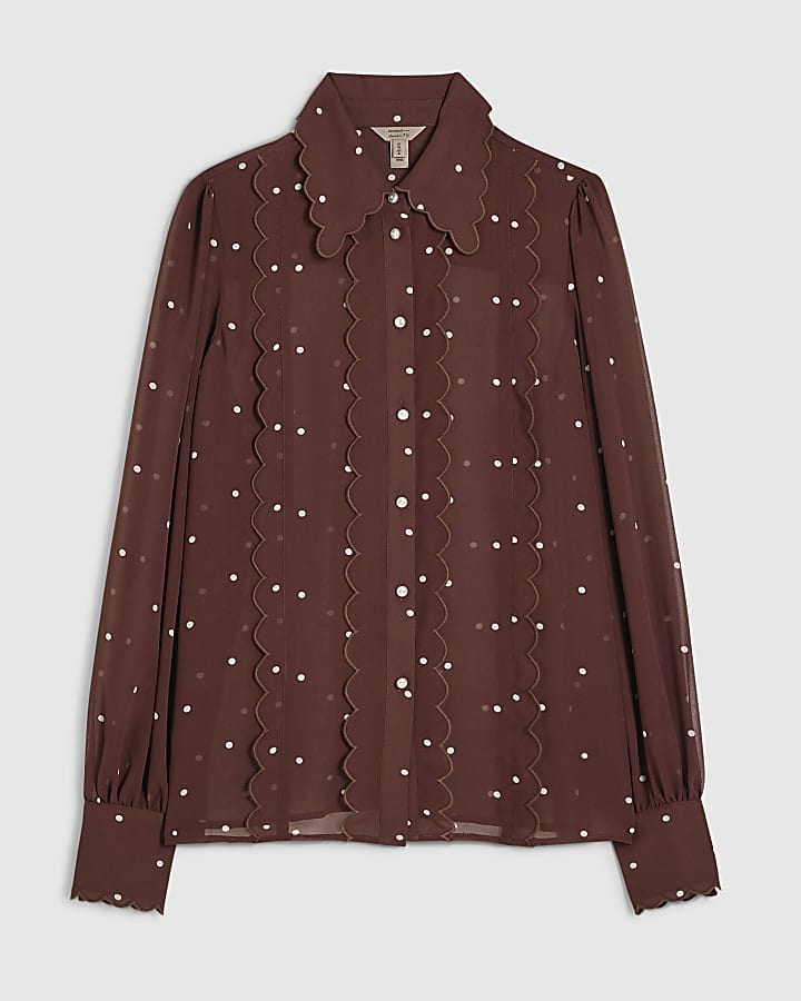 Brown Spot Print Scallop Trim Shirt