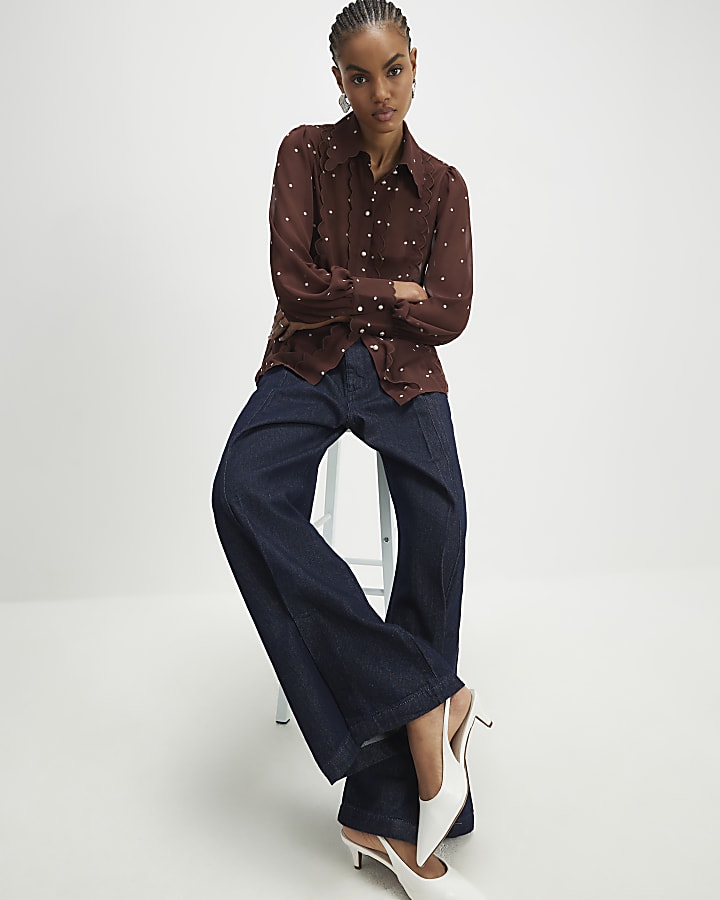 Brown Spot Print Scallop Trim Shirt