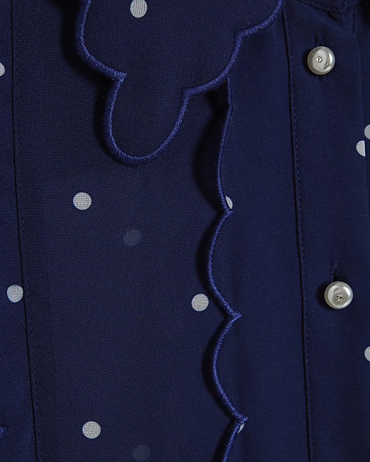 Navy Spot Print Scallop Detail Chiffon Shirt
