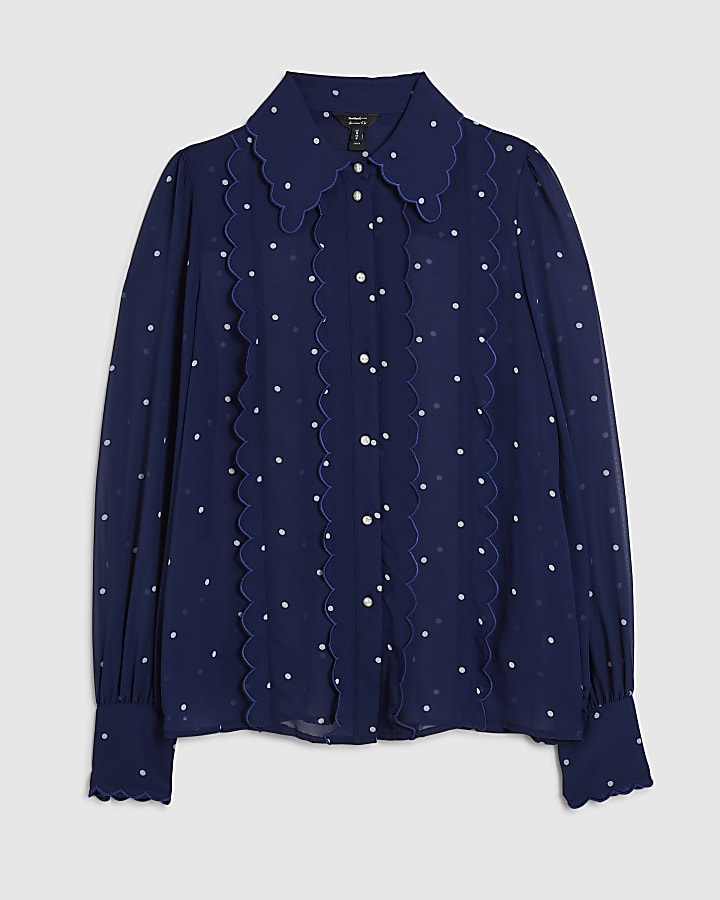 Navy Spot Print Scallop Detail Chiffon Shirt