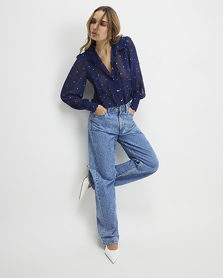 Navy Spot Print Scallop Detail Chiffon Shirt