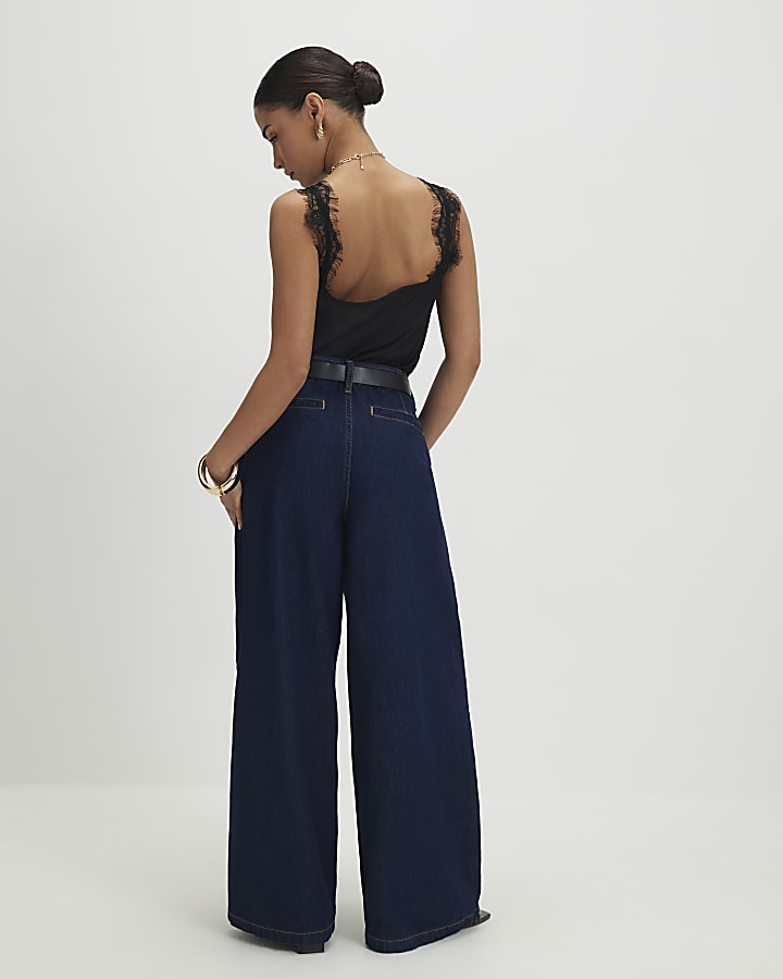 Petite Blue High Rise Pleated Wide Leg Jeans