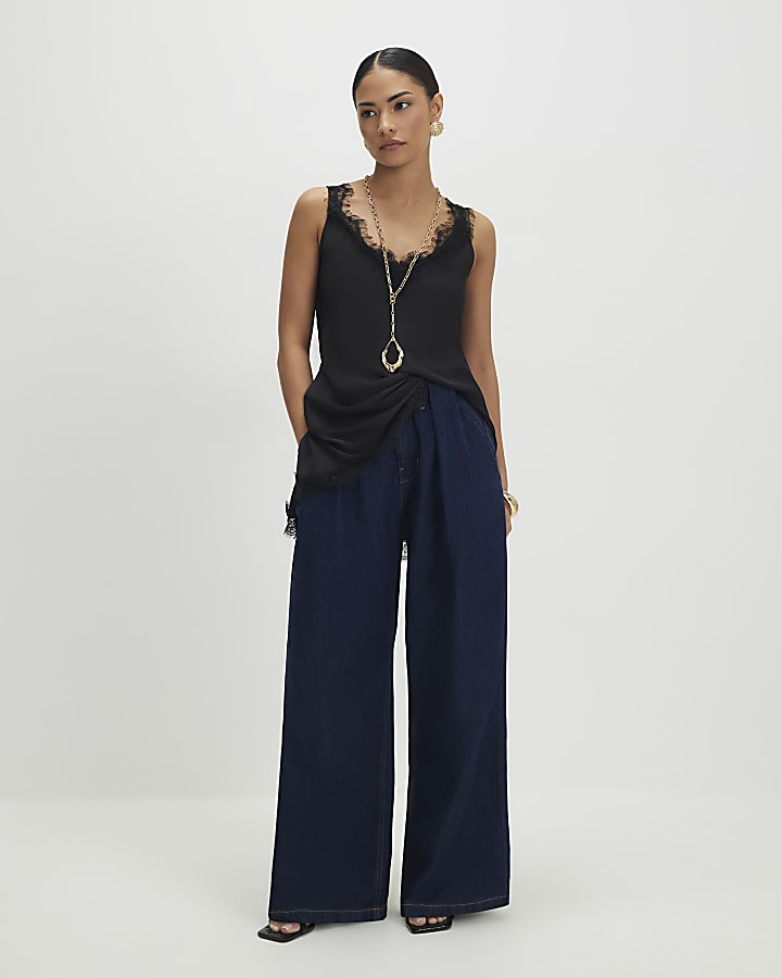 Petite Blue High Rise Pleated Wide Leg Jeans