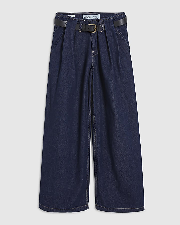 Petite Blue High Rise Pleated Wide Leg Jeans