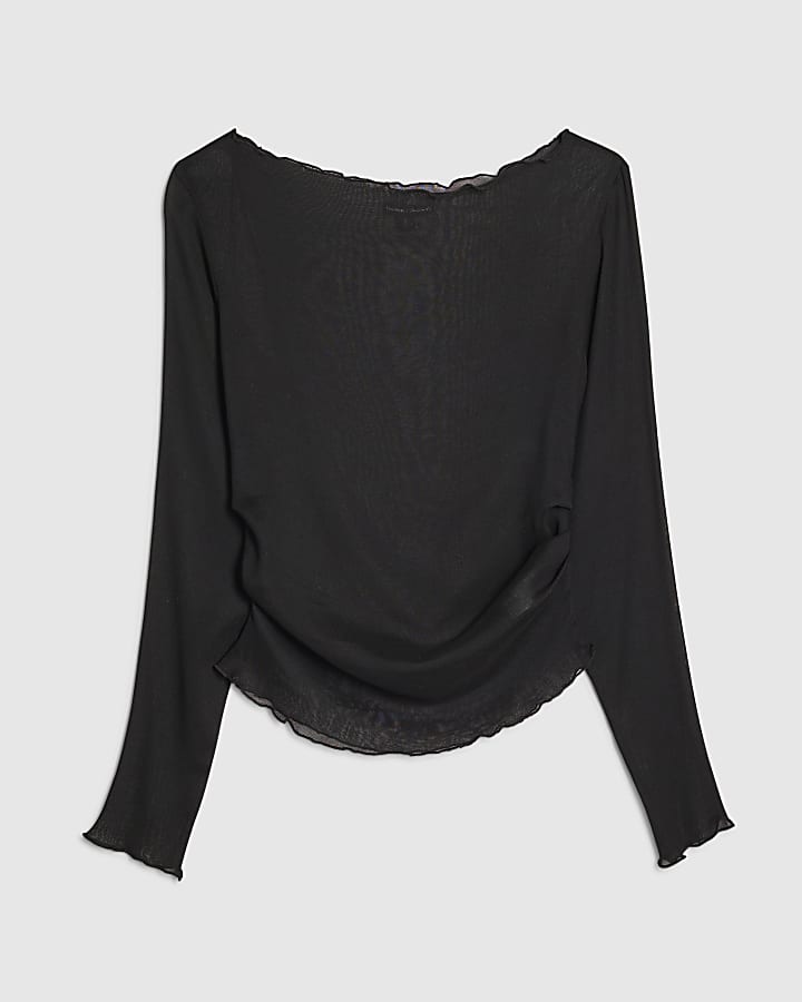 Black Mesh Long Sleeve Ruched Top