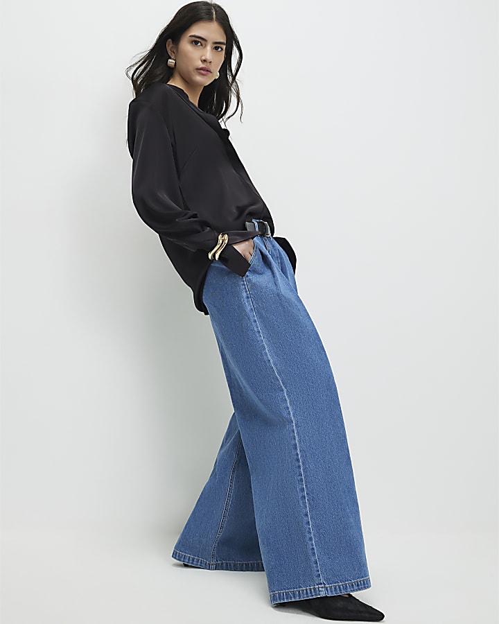 Petite Blue Belted Pleated Wide Leg Jeans