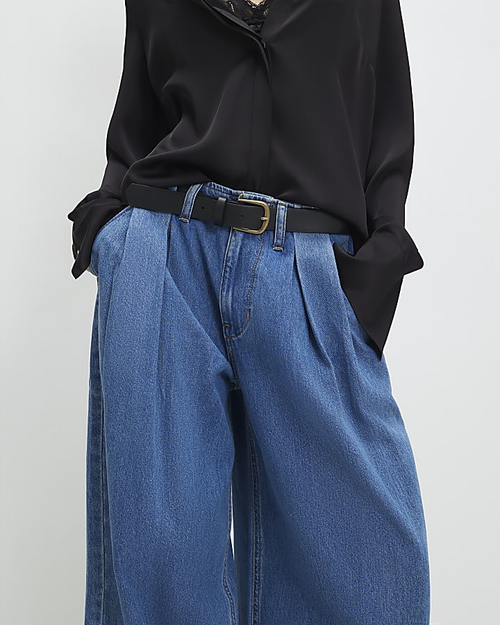 Petite Blue Belted Pleated Wide Leg Jeans