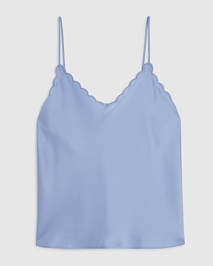 Blue Satin Scallop Trim Cami Top