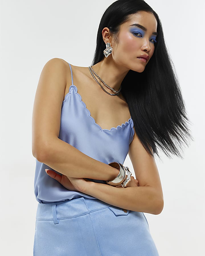 Blue Satin Scallop Trim Cami Top