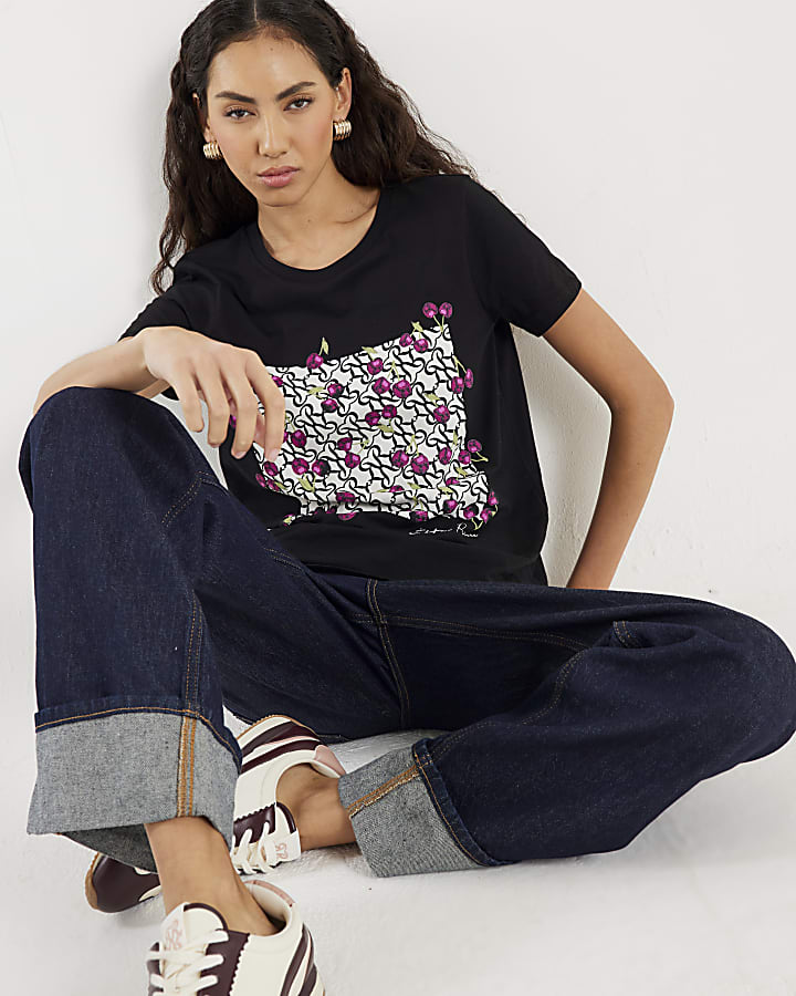 Black Short Sleeve Monogram Cherry T-shirt