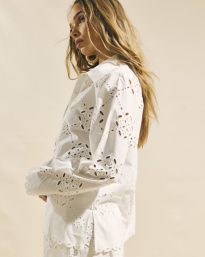 White Poplin Long Sleeve Cutwork Shirt