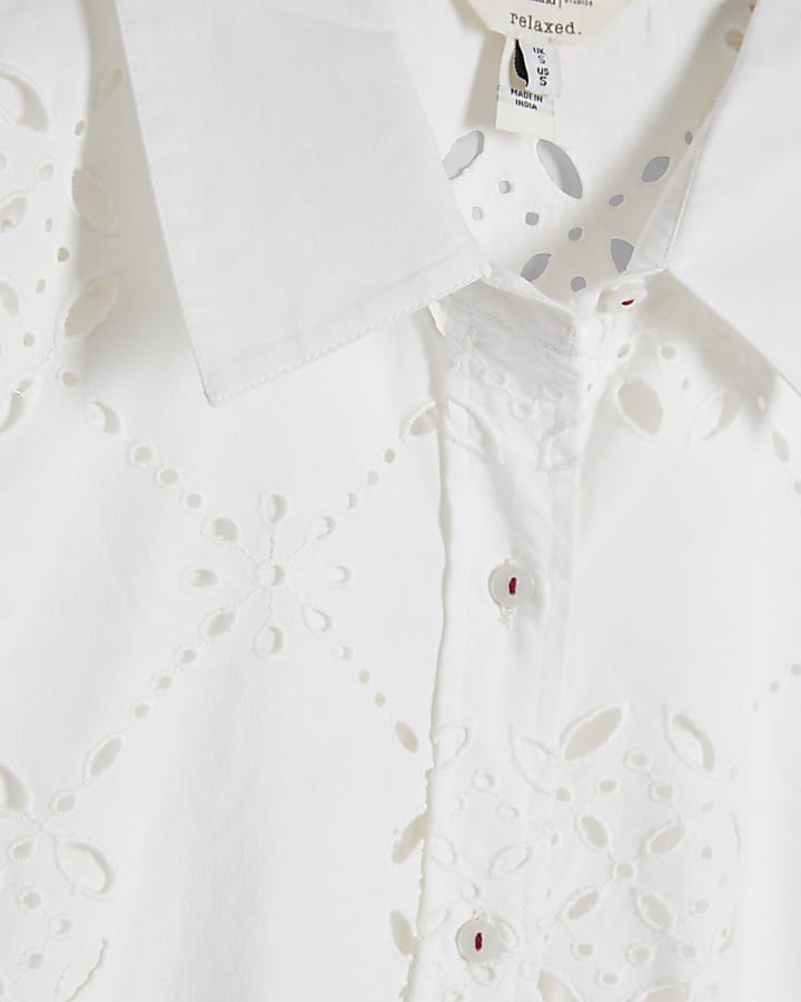 White Poplin Long Sleeve Cutwork Shirt