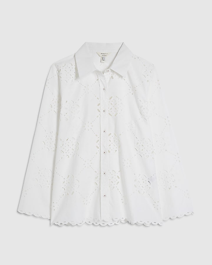 White Poplin Long Sleeve Cutwork Shirt