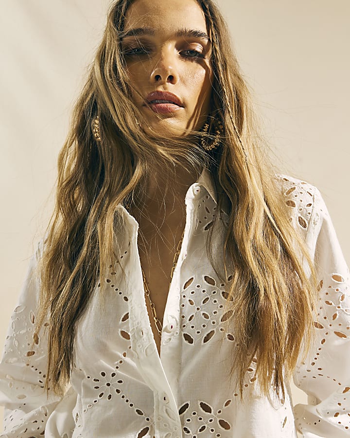 White Poplin Long Sleeve Cutwork Shirt