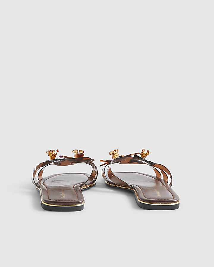Brown Perspex Flower Flat Sandals
